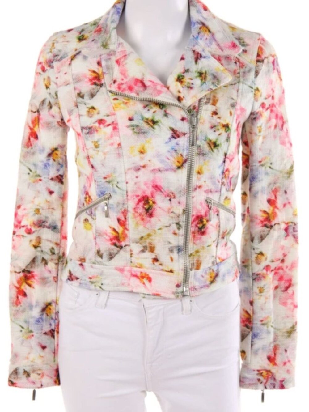 Zara Collection Floral Moto Jacket With Zipper Details